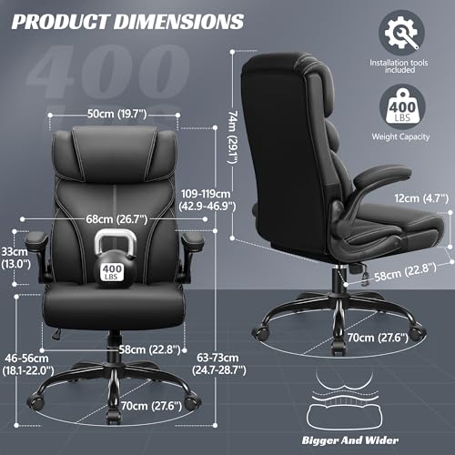 HeroSet Office Chair, Ergonomic Big and Tall Computer Desk Chairs, Executive Breathable Leather Chair with Adjustable High Back Flip-up Armrests, Lumbar Support Swivel PC Chair with Rocking Function