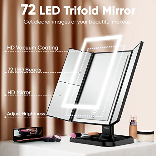 Trifold Makeup Vanity Mirror with Lights - 3 Color Lighting Modes 72 LED, Touch Control Design, 1x/2x/3x Magnification, Portable High Definition Cosmetic Lighted Up Mirror (Black)