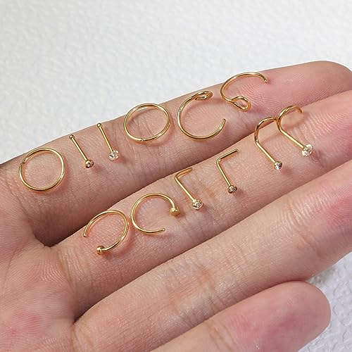 DAILI 12PCS 20G Nose Rings Studs, Surgical Steel Nose Ring L Shaped Corkscrew Bone Nose Stud Gold Nose Ring Hoop Nose Piercing Jewelry Hypoallergenic Cubic Zirconia Nose Stud Set for Women Men