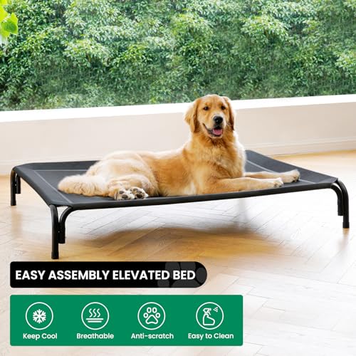 Elevated Dog Bed Raised Outdoor Dog Cot for Medium Dogs, Installation Requires No Tools, Frame with Washable Cooling Breathable Mesh Anti-Slip Feet, Indoor Pet Bed, Black, 35.4 Inches