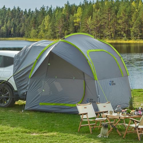 JOYTUTUS SUV Tent for Camping with Rainfly, Double Door Design Car Tent with Aluminum Poles, SUV Tailgate Tent with Waterproof PU2000mm Double Layer for 6-8 Person, Green