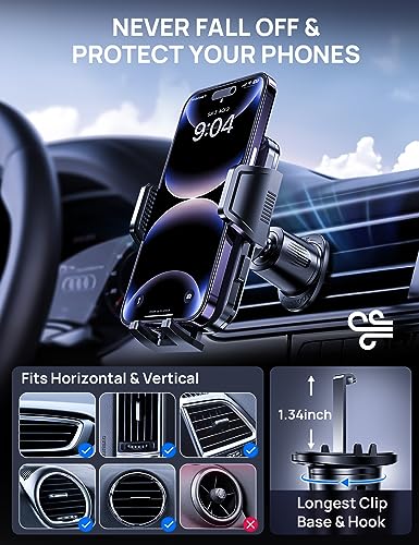 [2024 Newest] Car Vent Phone Mount, [Upgrade Hook Clip Never Shake] Adjustable 360 Rotation Vent Clip Car Phone Holder Mount, Big Phone & Thick Case Friendly Fit for All iPhone, Samsung & Cell Phone