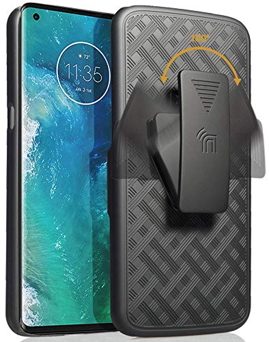 Case with Clip for Motorola Edge Plus, Nakedcellphone [Black Tread] Kickstand Cover with [Rotating/Ratchet] Belt Hip Holster Combo for Moto Edge+ (2020, XT2061)