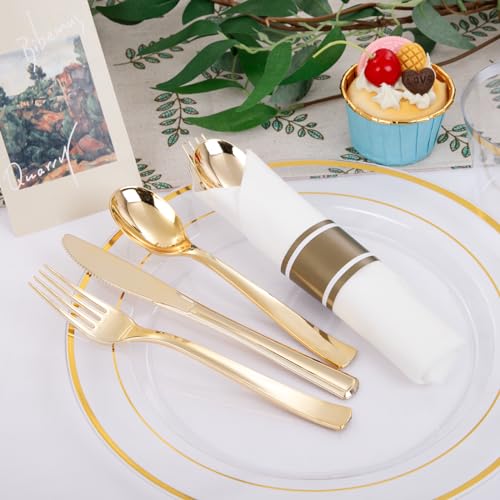 DaYammi 210PCS Clear Gold Plastic Dinnerware Set for 30 Guests, Fancy Disposable Plates for Party, Include: 30 Dinner Plates, 30 Dessert Plates, 30 Pre Rolled Napkins with Gold Silverware, 30 Cups