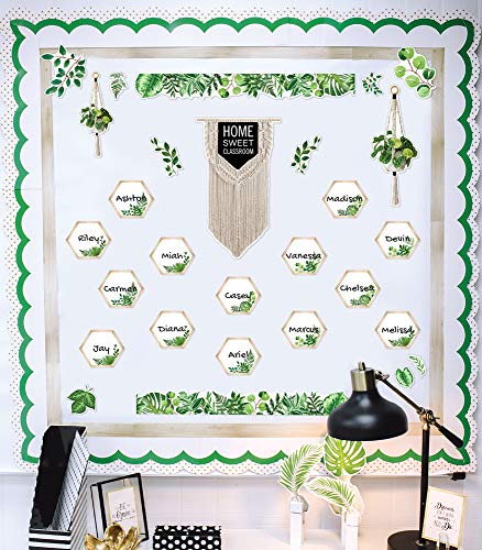 Schoolgirl Style Simply Boho Bulletin Board Set—Home Sweet Classroom Macrame Header, Leaf Border Trims, Hanging Planters, Assorted Leaves, Hexagon Cutouts (58 pc)