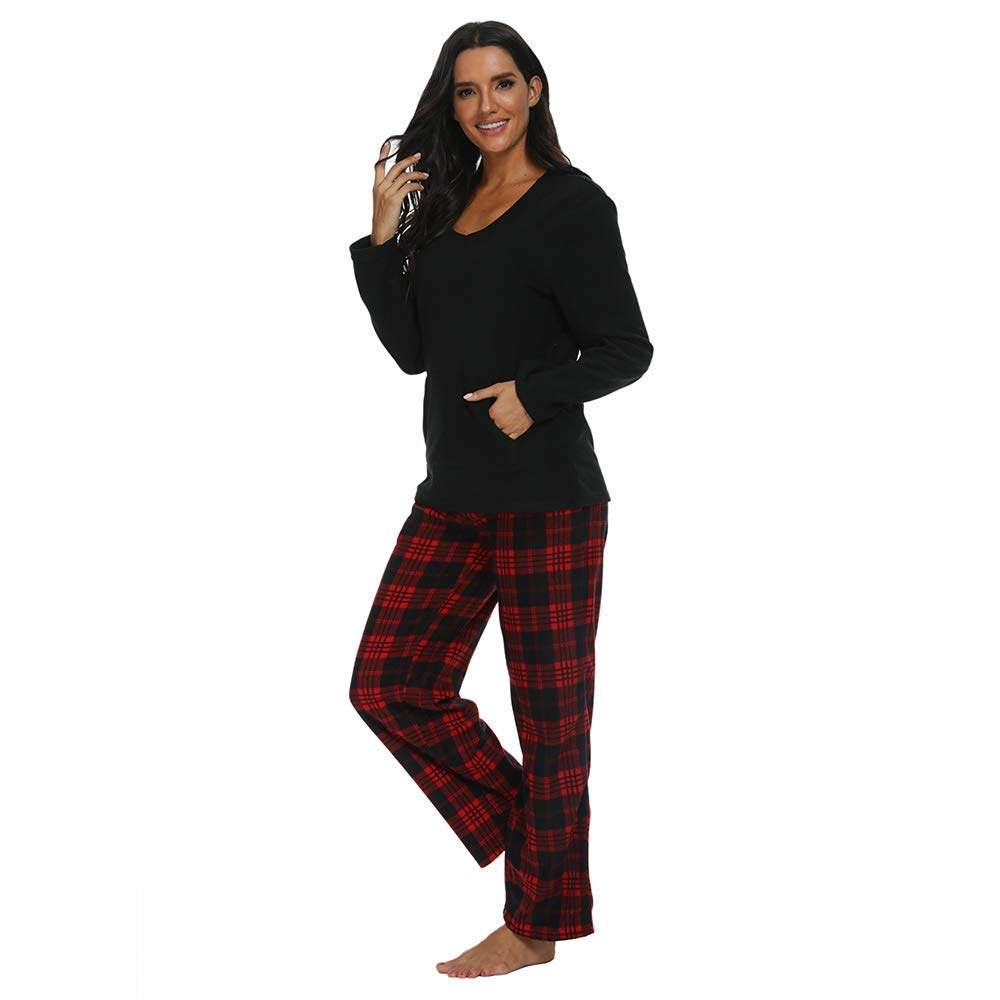 U2SKIIN Couple Pajama Sets, Plaid Pajama Set for Men and Women Soft Warm Pjs Set Black/Red-Black Plaid Womens Medium