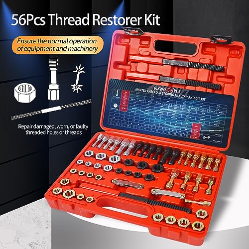 Pikwo 56Pcs Thread Restorer Kit, Rethread Repair Tool, UNC UNF & MetricThread Chaser Set with Thread Pitch Gauge