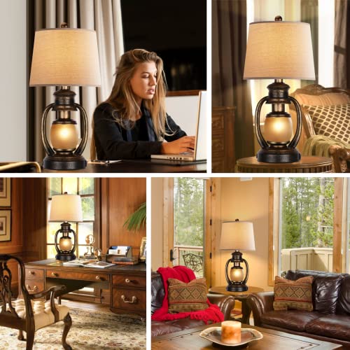 Hamucd Rustic Table Lamps for Living Room Single Lantern Bedside Lamps with Oatmeal Tapered Drum Shades for End Table Bedroom Nightstand Hotel with 2 USB Ports and One AC Outlet