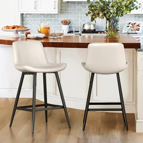 Cozyman 24 inch Counter Stool, Modern Bucket Barstool Set of 4, Barstools with Back and Footrest, Faux Leather Bar Stools for Kitchen Island Restaurants, Antique White