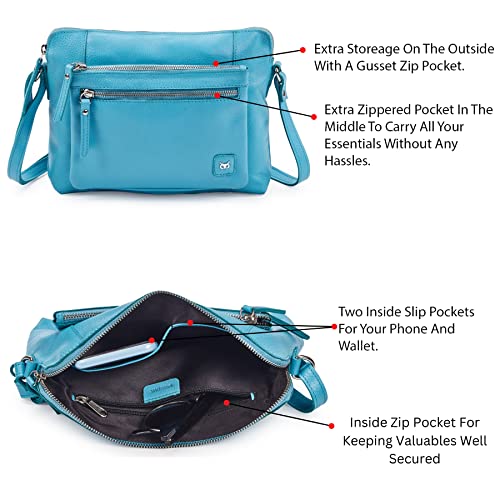 Wise Owl Accessories Small Soft Pebbled Real Leather Crossbody Handbags Purses Triple Zip Premium Sling Crossover Shoulder Bag for Women Gift (Sapphire Blue Nappa)