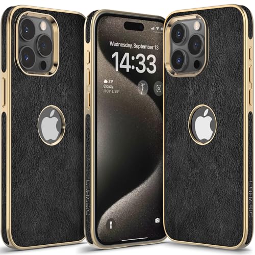 LOHASIC PU Leather Case for iPhone 15 Pro Max, Logo View, Luxury Elegant ProMax Phone Cover for Men Women, Anti-Slip Grip Protective TPU Bumper, 6.7 Inch, 5G, 2023 - Black Gold