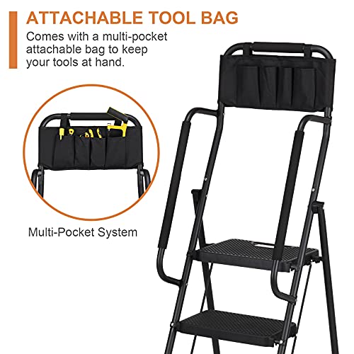 HBTower 3 Step Ladder with Handrails, 500 lbs Folding Step Stool with Attachable Tool Bag & Anti-Slip Wide Pedal for Home Kitchen Pantry Office (3-Step)