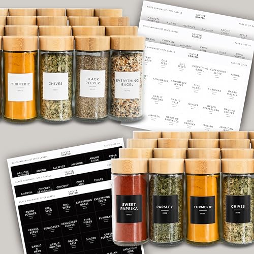 24 Glass Spice Jars with Label, Round Bamboo Spice Jar Set 4oz Seasoning Containers with Labels, 374 Spice Labels, Spice Bottles Funnel Empty Spice Jars and Shaker Lids Spice Containers and Grinder