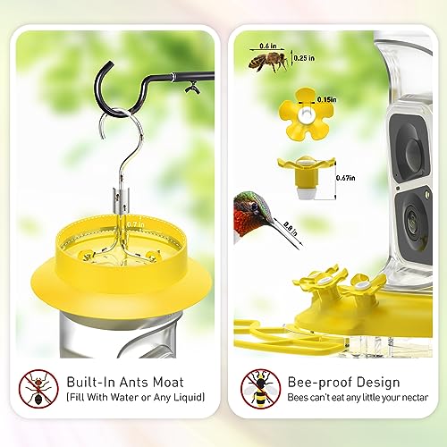 Soliom Humbirdy-The Original Hummingbird Feeder Camera with Ant Moat,Bee Proof,AI Identify Bird Species,Bird Watching Camera W/ 3 Feeding Ports,Instant Notifications,Gifts Ideas for Family(16 Ounces)