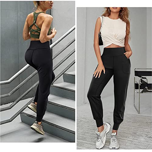 LEINIDINA Women’s Jogger Pants Active High Waisted Sweatpants with Pockets Tapered Casual Lounge Pants Loose Track Cuff Leggings (Black, Small)