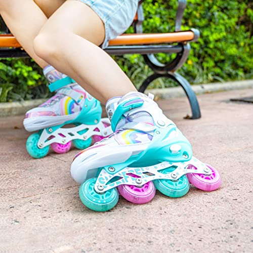 SULIFEEL Rainbow Unicorn Inline Skates for Girls Boys 4 Size Adjustable Light up Wheels Skates for Kids Beginner