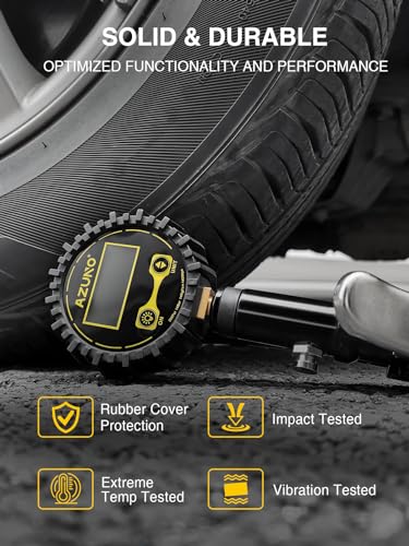 AZUNO Tire Inflator with Pressure Gauge, Most Accurate, Heavy Duty Tire Pressure Gauge with Durable Steel Braided Flexible Hose, Large 2.5" Easy Read Glow Dial and Quick Connect Coupler -100PSI