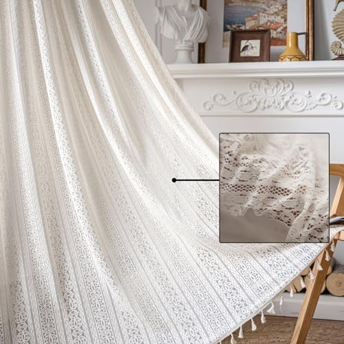 TOPSMCHER Boho Curtains 63 Inches Filtering Curtains for Bedroom Farmhouse Rustic Cotton Linen Curtains with Embroidery for Living Room Rod Pocket Bohemian Curtains,Blue