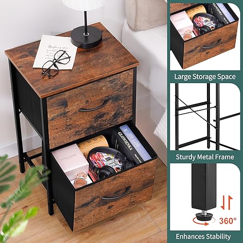 Yoobure Night Stand Set 2, Nightstand with 2 Fabric Drawers, Small Wood Nightstands for Bedroom, Bedside Tables with Drawers for Small Spaces, Large Storage Drawers Dresser for Dorm Bed Side Table