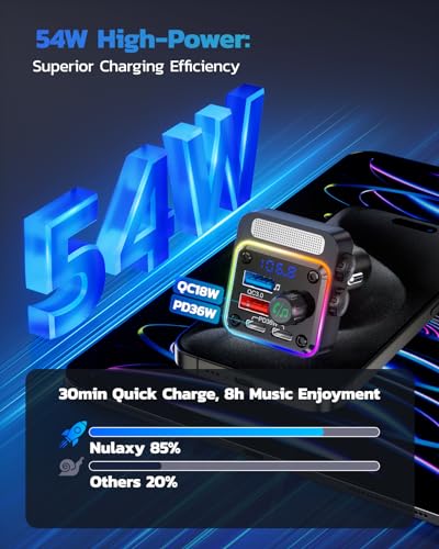 Nulaxy 54W Bluetooth 5.3 Car Adapter with 4 Charging Ports [PD 36W & QC3.0 18W], Wireless Radio FM Transmitter with Deep Bass Player & 5 Colors LED Backlit, Hands-Free Calling - NX16 Black