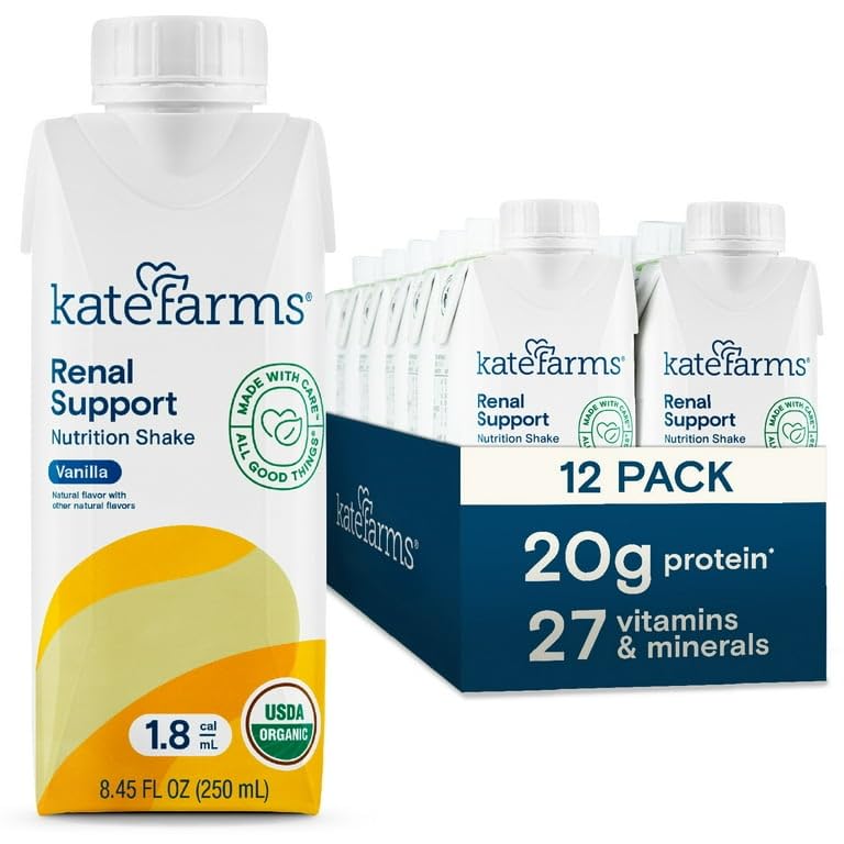 KATE FARMS Organic 1.8 Renal Support Shake, Vanilla, 20g Protein, 27 Vitamins and Minerals, Specialized Dialysis Nutrition Support, 8.45 oz (12 Pack)