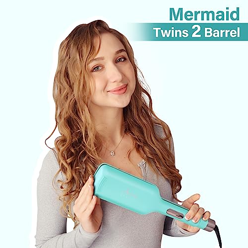 32mm (1.25") Aima Beauty Twins Mermaid Waves Hair Waver, Anti-Scald 2 Barrel Curling Iron, Hair Crimper, Ionic Care Wave Iron 15S Heats Up for Short/Medium/Long Hair Light Green