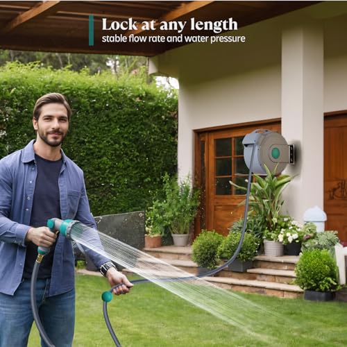 Gilbest Retractable Garden Hose Reel,1/2 in x 65 ft Wall Mounted Hose Reel, with 10- Function Sprayer Nozzle, Any Length Lock/Slow Return System/Wall Mounted/180°Swivel Bracket (Grey)