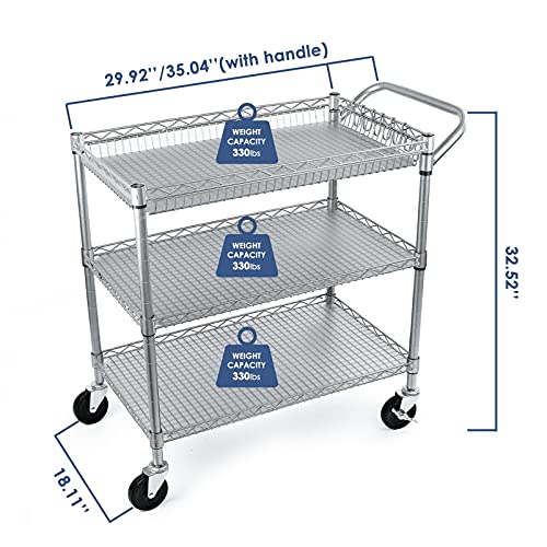 WDT Heavy Duty 3 Tier Utility Cart,Wire Rolling Cart with Wheels, Commercial Grade Service Cart with Shelving Liners and Handle Bar Metal Carts for Kitchen Office Hardware (750LBS Capacity Black)