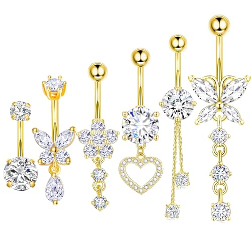 TIANCI FBYJS Surgical Stainless Steel Gold Belly Button Ring for Women 14G Dangle Navel Piercing Jewelry with Heart Flower Butterfly heart Flower Cute Dangling Curved Belly Rings