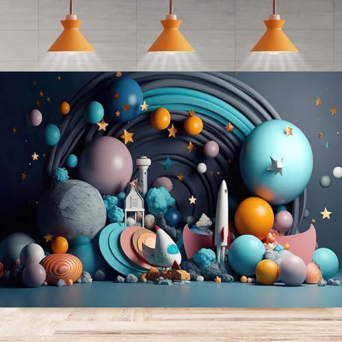 Photography Background Outer Space Universe Galaxy Stars Balloons Birthday Backdrop Universe Planet Star Galaxy Astronaut Rocket Kids Birthday Party Decoration Boy Portrait Background (Blue, 5 * 3FT)