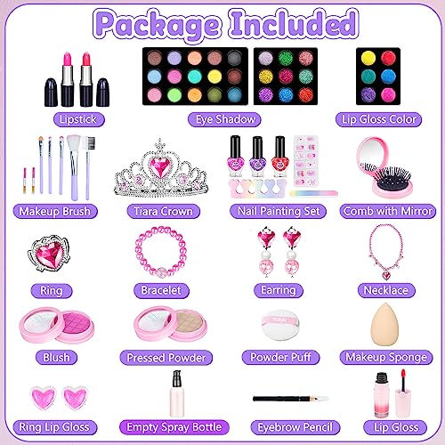 Hollyhi 62Pcs Kids Makeup Kit for Girl, Washable Play Makeup Toys Set for Dress Up, Beauty Vanity Set with Cosmetic Case Birthday Toys for Girls 3 4 5 6 7 8 9 10 11 12 Year Old Kids Toddlers (Purple)