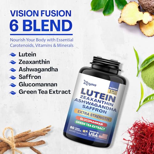 Lutein and Zeaxanthin Supplements 8000 MG Eye Vitamins with Saffron for Eye Health Supplements for Adults, Infused with Glucomannan, Ashwagandha, and Green Tea Extract Vision and Eyes Support