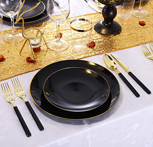 Nervure 100 Pieces Black Plastic Plates - 7.5inch Black Dessert Plates - Disposable Gold Plastic Plate - Disposable Plate Ideal for Wedding & Father's Day & New Year