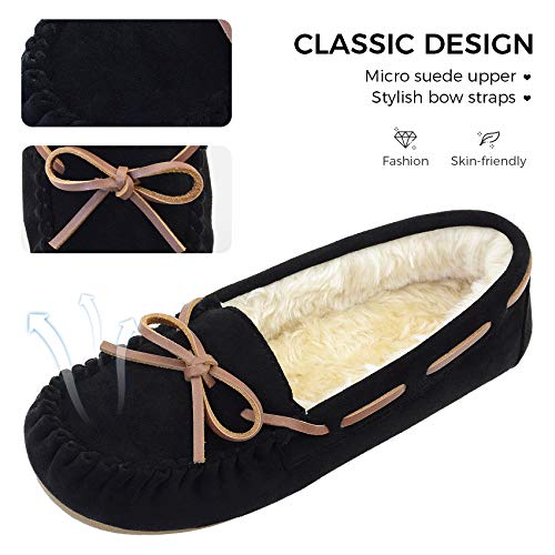 Vonair Women's Moccasin Slippers Micro Suede Warm Faux Fur Pile Lined Lace-Up Bow Cozy Indoor & Outdoor Moccasins Slip On Loafers Shoes for Women Black US 6
