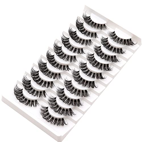 Veleasha Clear Band Lashes 10 Pairs Pack D Curl Russian Strip Lashes,Natural Look Transparent Soft Band Faux Mink Eyelashes for Eye Makeup (DT12-Pink New)