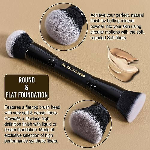 LORYP Black Makeup Brushes 2Pcs Duo End Foundation Powder Brush Set, Blush & Highlighter Brush and Round & Flat Foundation Brush