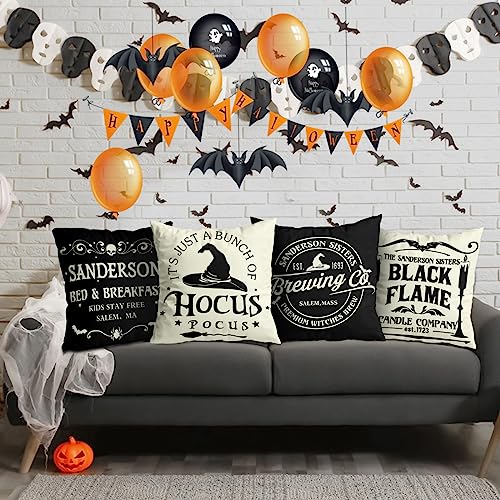 Halloween Decorations Pillow Covers 16x16 Set of 4 Halloween Decor Hocus Pocus Farmhouse Saying White Black Outdoor/Indoor Fall Pillow Covers Decorative Cushion Cases for Home Sofa Couch Bed Chair