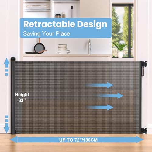 HAMOPY Retractable Baby Gate, 33" Tall, Extends up to 55" Baby Gates Extra Wide, Mesh Gates for Kids or Pets with Alarm, Durable Child Safety Gate for Doorways, Hallways, Stairs, Indoor/Outdoor(Black)