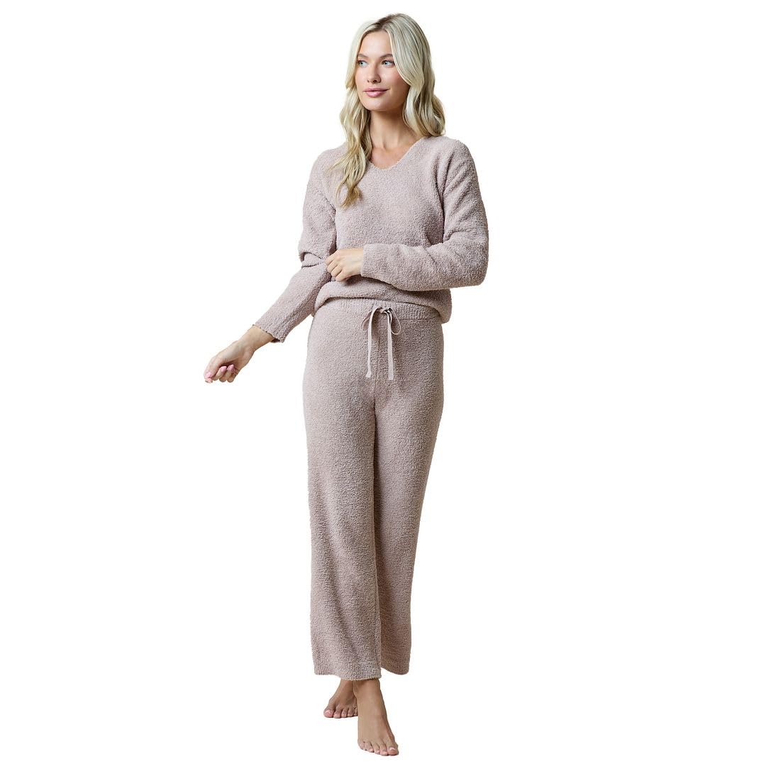 Softies Marshmallow V Neck Lounge Set for Women Ultra Soft 2 Piece Loungewear with Relaxed Top and Straight Leg Pants, Coco, S