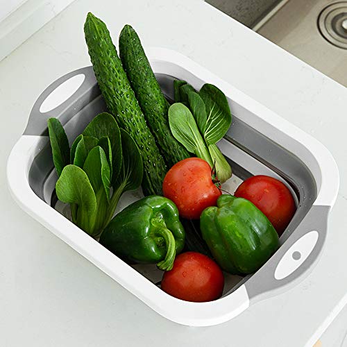 QiMH Collapsible Cutting Board, 8L Foldable Space Saving Multi-function Kitchen Dish Tub and Camping Sink, Washing and Draining Veggies Fruits Storage Basket for Picnic, BBQ Food Prep and Camping