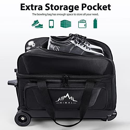 GoHimal Double Roller 2 Ball Bowling Bag with Separate Shoe Compartment for Bowling Shoes (Up To US Mens Size 15) and Oversized Accessory Pocket, Retractable Handle - Extends to 40" (Black)