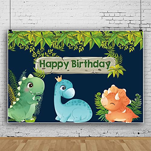 DORCEV 5x3ft Dinosaur Backdrop Happy Birthday Cartoon Dinosaurs Theme for Newborn Baby Shower Kids Boys Birthday Party Banner Background Tropical Jungle Plants Photography Photo Vinyl Studio Props