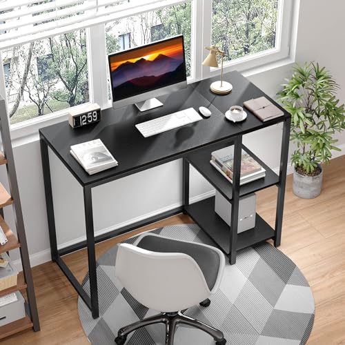 SINPAID Computer Desk 40 inches with 2-Tier Shelves Sturdy Home Office Desk with Large Storage Space Modern Gaming Desk Study Writing Laptop Table, Black Desk