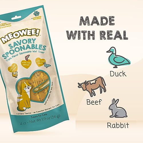 MEOWEE! Savory Spoonables with Real Chicken, Salmon & Duck, 4 Count Tube, Triple Flavor Squeezable Lickable Wet Treats for Cats with Built-in Spoon for Less Mess