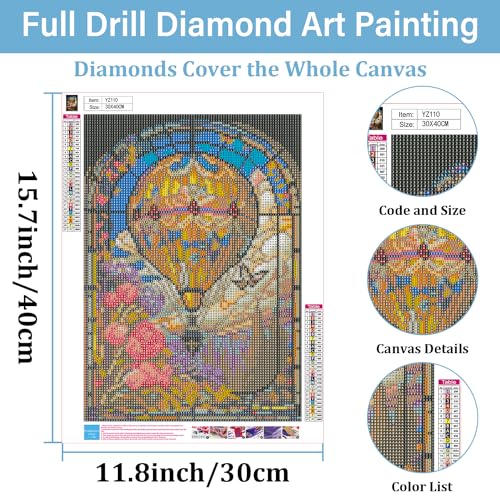 hkejoi Hot Air Balloon Diamond Painting Kits for Adults,Stained Glass Diamond Art Kits for Adults,Hot Air Balloon Gem Art Kits for Home Wall Decor 12x16 inch