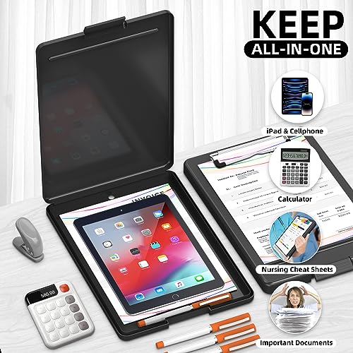 Clipboard with Storage, Plastic Storage Nursing Slim Clipboard with Low Profile Clip, Foldable Letter Size for Nurse, Kid, Salary, Coach, Jobsite, Industrial, Office(9" x 13"x 0.8", Black)