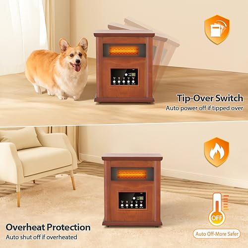 LifePlus Electric Infrared Space Heaters for Indoor Room Use, 1500W Box Space Heater with Wood Frame, Remote Control and Timer, Multiple Security Protections, Nice for Living Room Home Office