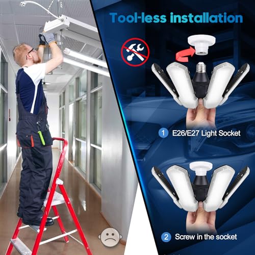 TANBABY Upgrade LED Garage Light, 150W Deformable Garage Light Ceiling LED Shop Light, 15000LM E26/E27 LED Garage Lighting with 6+1 Adjustable Panels Garage Bulb for Garage,Basement (1pack)