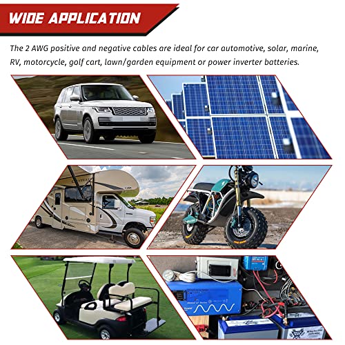 2 AWG Battery Cable 2AWG Gauge Pure Copper Battery Inverter Cables with 5/16 in Lugs Both Ends Power Inverter Wire Set for Automotive Solar Marine Boat RV Car Motorcycle Red and Black (1FT)