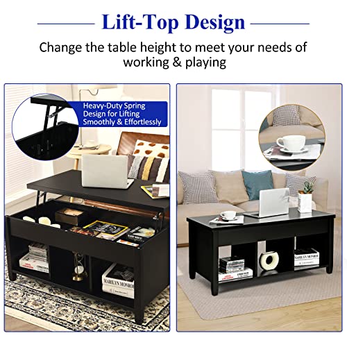 Tangkula Wood Lift Top Modern Coffee Table w/Hidden Compartment and Open Storage Shelf for Living Room Office Reception Room (Black)